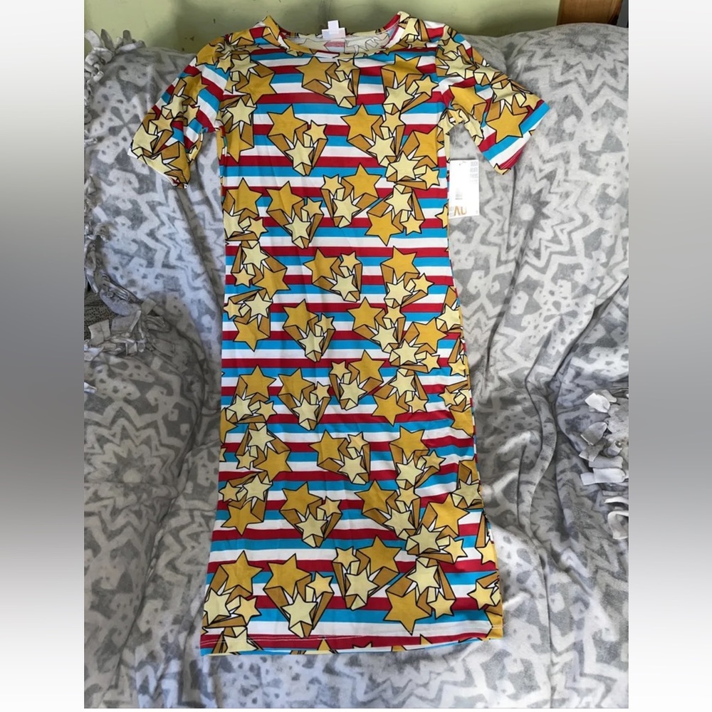 Lularoe Julia Yellow, Red, and Blue Dress XS Stars and Stripes Wonder Woman